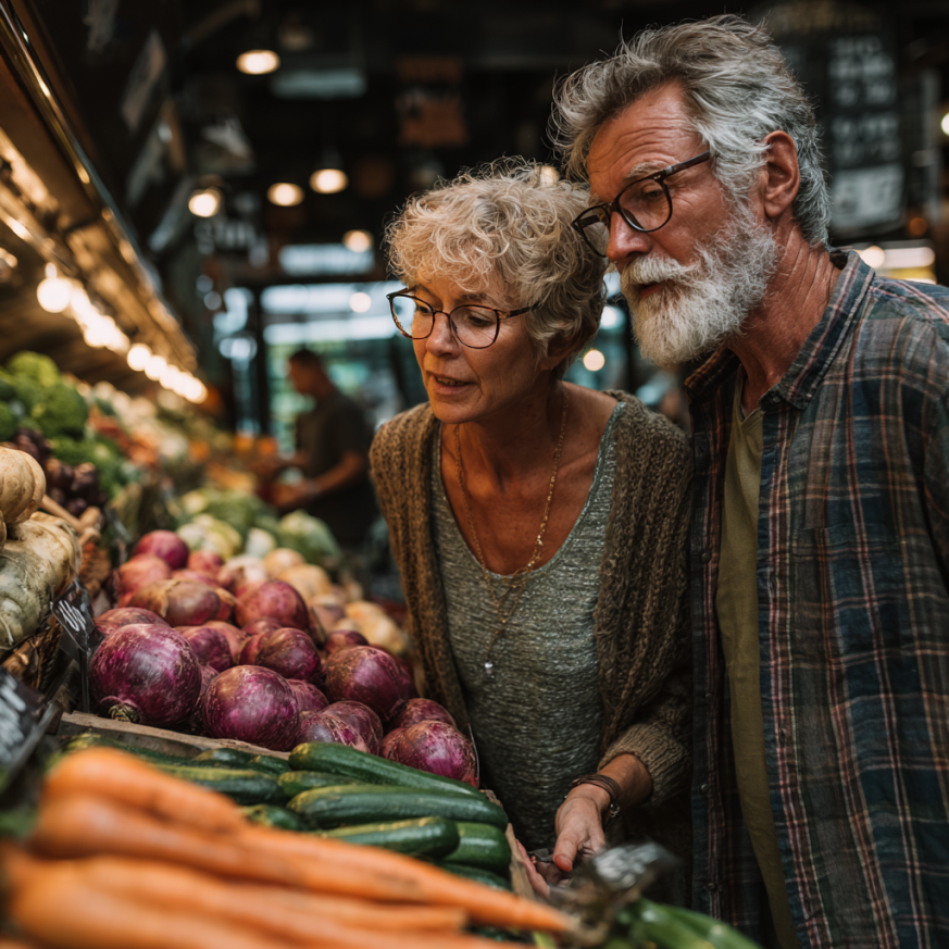Възрастна двойка готви здравословна храна